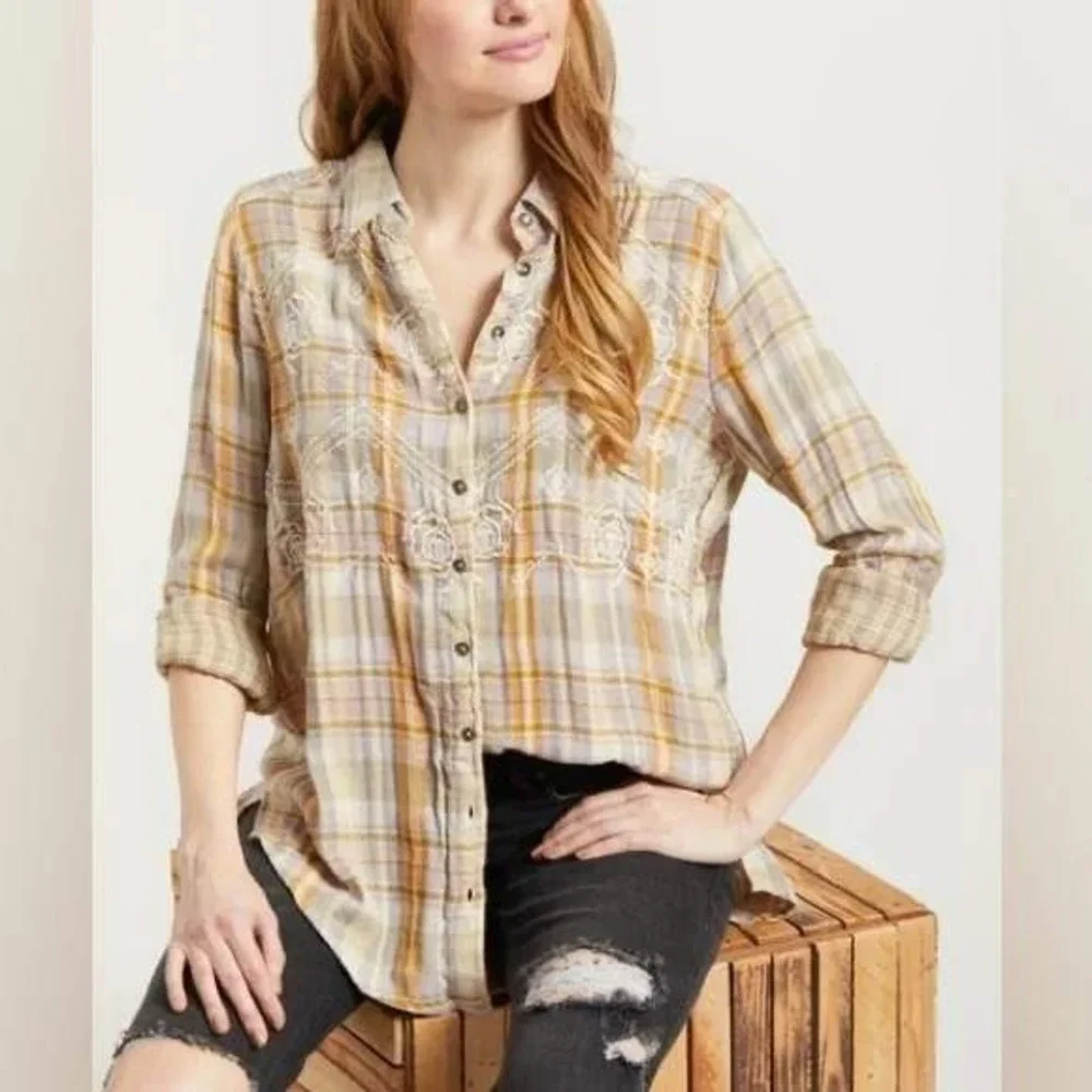 Free People Magical Plaid‎ Embroidered Button Up Western Shirt Women's Size XS